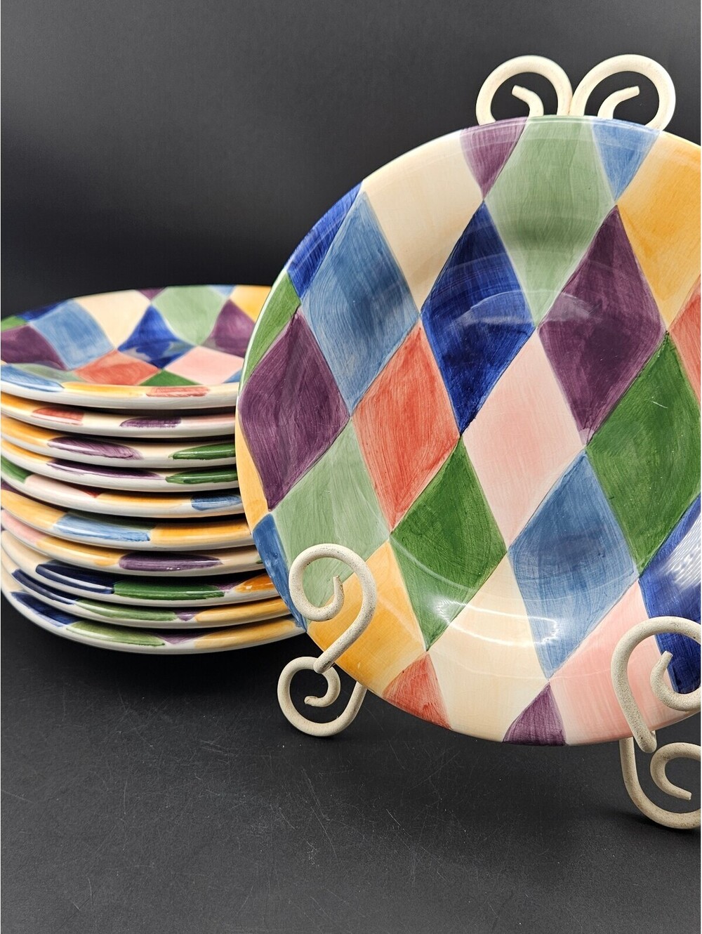 Tabletops Unlimited Carnival 12.5" Dinner Plate Harlequin Diamond Hand Painted